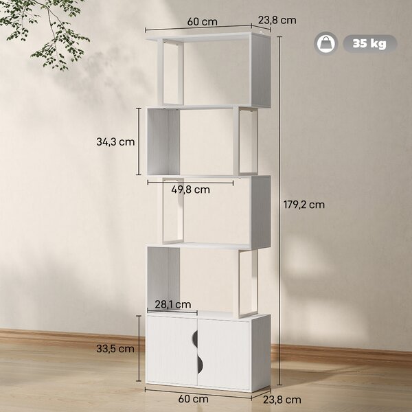 HOMCOM Libreria Moderna con 5 Ripiani e Armadietto a 2 Ante in Legno, 60x23.8x179.2 cm, Bianco | Aosom Italy