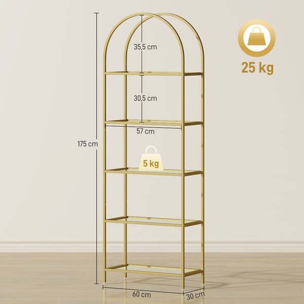 HOMCOM Scaffale Portaoggetti ad Arco a 5 Ripiani in Acciaio e Vetro Temperato, 60x30x175 cm, Oro | Aosom Italy