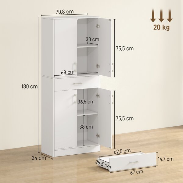 HOMCOM Credenza Cucina Alta con 2 Armadietti e un Cassetto Centrale, Ripiani Regolabili e 4 Ante Totali, Bianco | Aosom Italy