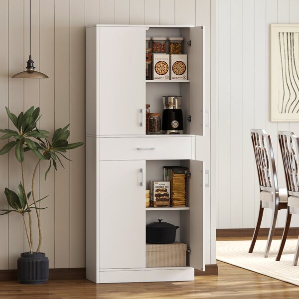 HOMCOM Credenza Cucina Alta con 2 Armadietti e un Cassetto Centrale, Ripiani Regolabili e 4 Ante Totali, Bianco | Aosom Italy