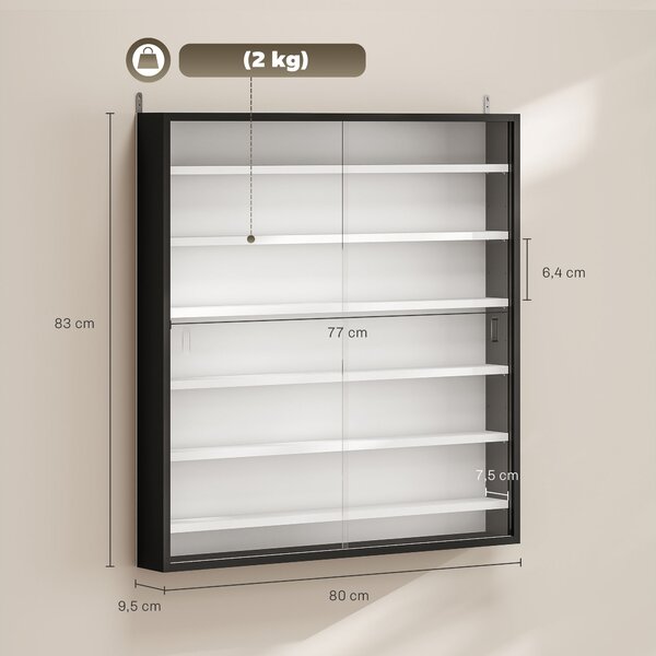HOMCOM Bacheca Portaoggetti a 5 Ripiani Regolabili in Legno con Ante in Vetro, 80x9.5x83 cm, Bianco e Nero | Aosom Italy
