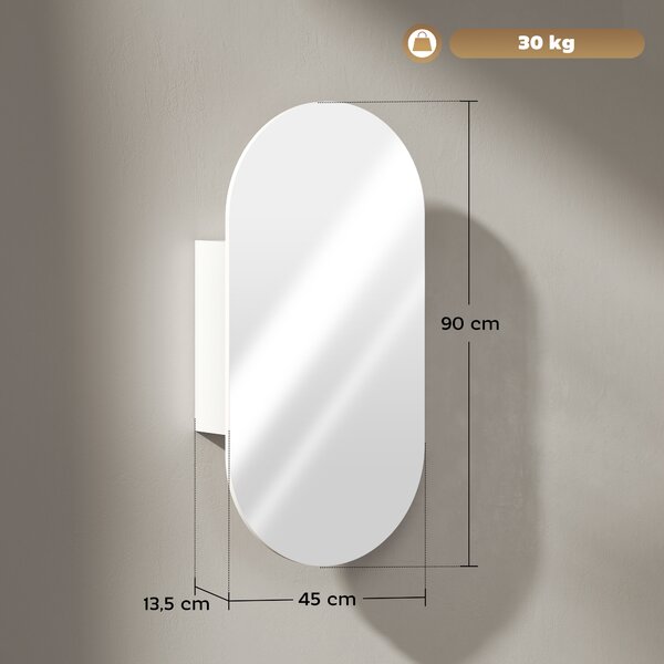HOMCOM Specchio Bagno Ovale Moderno con Armadietto e Due Ripiani, 45x90 cm, Bianco | Aosom Italy