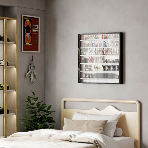 HOMCOM Bacheca Portaoggetti a 5 Ripiani Regolabili in Legno con Ante in Vetro, 80x9.5x83 cm, Bianco e Nero | Aosom Italy