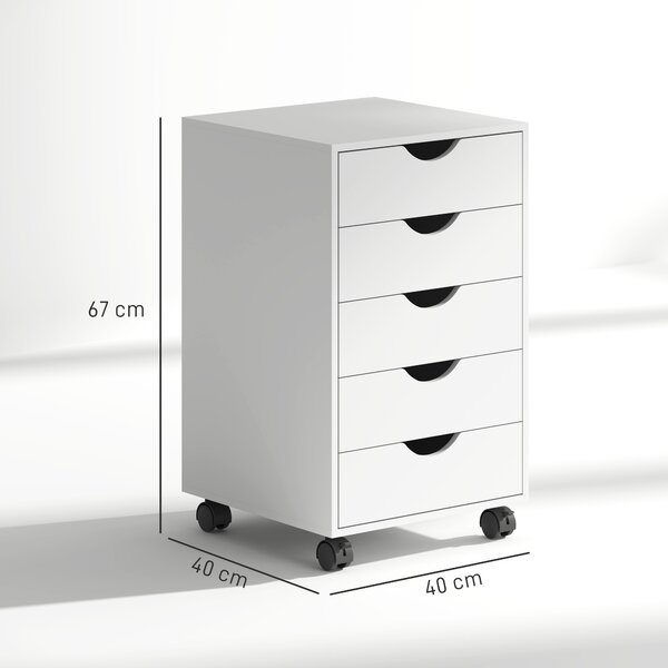 HOMCOM Cassettiera da Ufficio a 5 Cassetti con Ruote Girevoli con Freni, 40x40x67 cm, Bianco | Aosom Italy