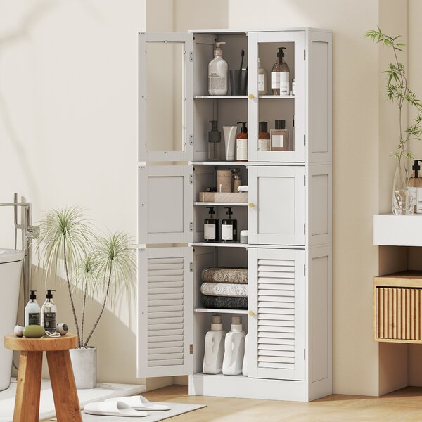 HOMCOM Mobile Bagno con 3 Armadietti a 2 Ante in Vetro e Legno, Ripiani Regolabili, 60x30x170 cm, Bianco | Aosom Italy