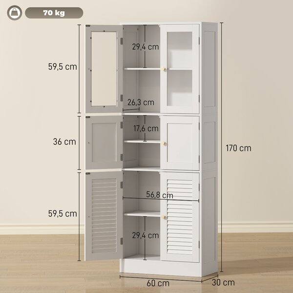HOMCOM Mobile Bagno con 3 Armadietti a 2 Ante in Vetro e Legno, Ripiani Regolabili, 60x30x170 cm, Bianco | Aosom Italy