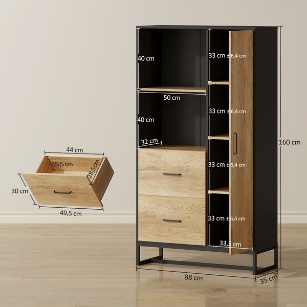 HOMCOM Credenza Moderna da Cucina con 2 Cassetti, 2 Ripiani e un Armadietto, 88x35x160 cm, Legno e Nero | Aosom Italy