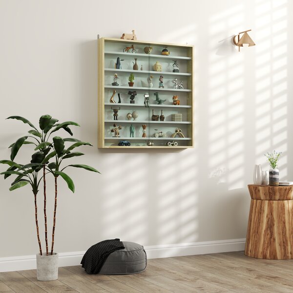 HOMCOM Bacheca Portaoggetti a 5 Ripiani Regolabili in Legno con Ante in Vetro, 80x9.5x83 cm, Bianco e Rovere | Aosom Italy