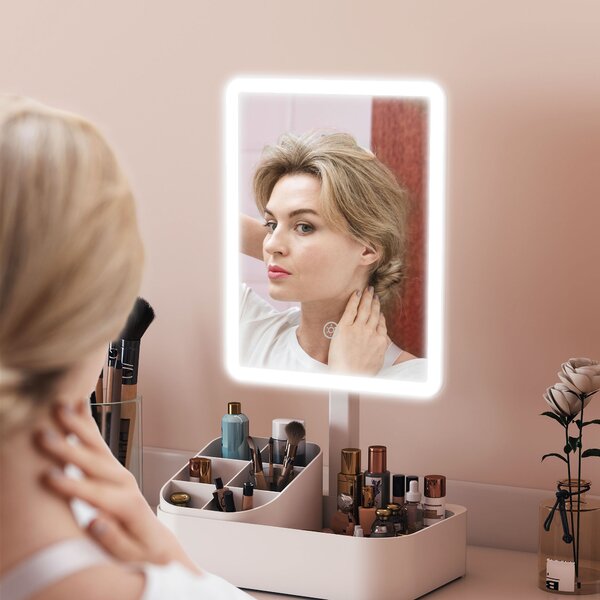 HOMCOM Specchio da Trucco con Luce Regolabile su 2 Livelli, Rotazione 180° e Organizer per Trucchi, Bianco | Aosom Italy