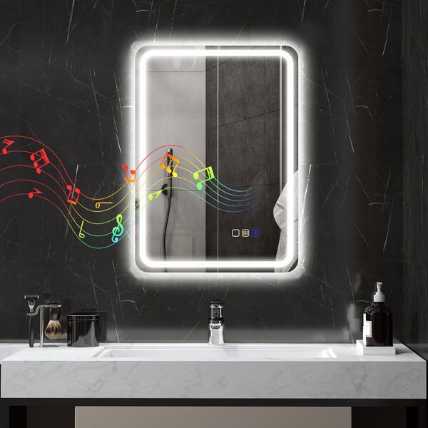 HOMCOM Specchio Bagno LED con Bluetooth, Illuminazione Regolabile e Funzione Memory, in Vetro Temperato, 70x50x3.5 cm | Aosom Italy