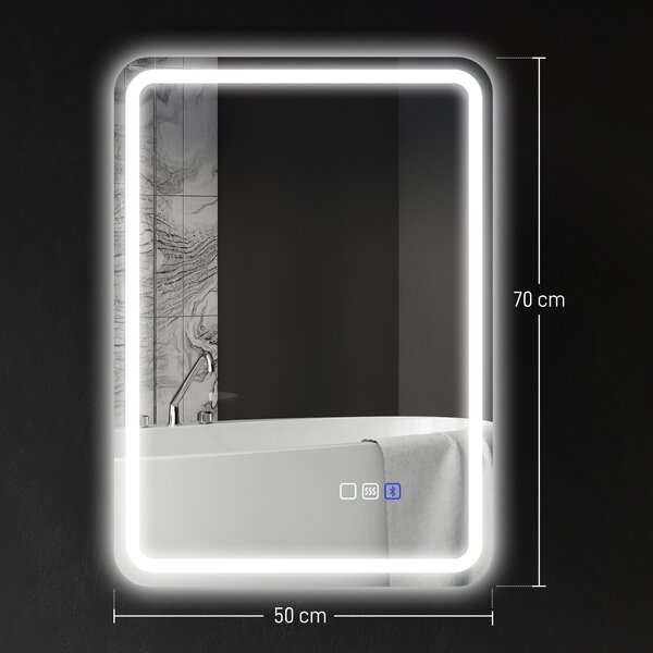 HOMCOM Specchio Bagno LED con Bluetooth, Illuminazione Regolabile e Funzione Memory, in Vetro Temperato, 70x50x3.5 cm | Aosom Italy