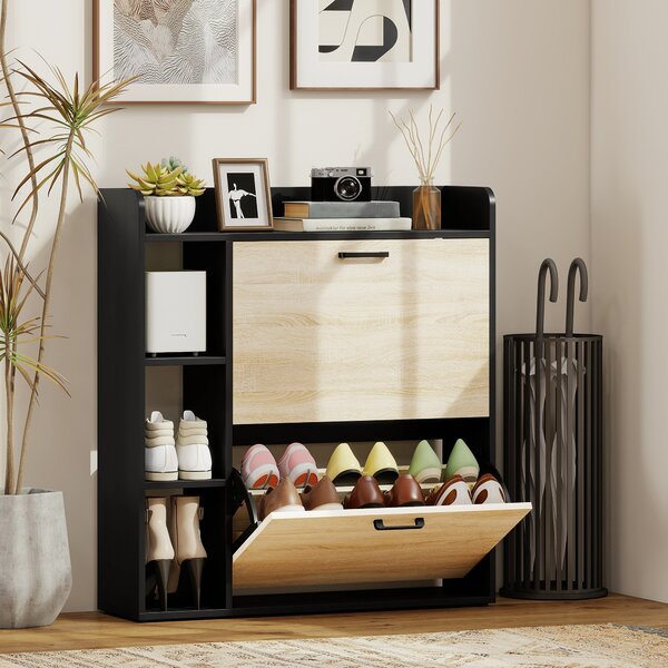 HOMCOM Scarpiera Slim con 2 Cassetti Ribaltabili e 3 Vani Aperti, Capacità 15 Scarpe, 83x24x90.5 cm, Nero | Aosom Italy