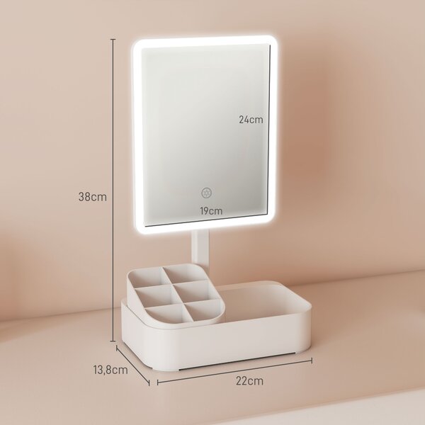 HOMCOM Specchio da Trucco con Luce Regolabile su 2 Livelli, Rotazione 180° e Organizer per Trucchi, Bianco | Aosom Italy