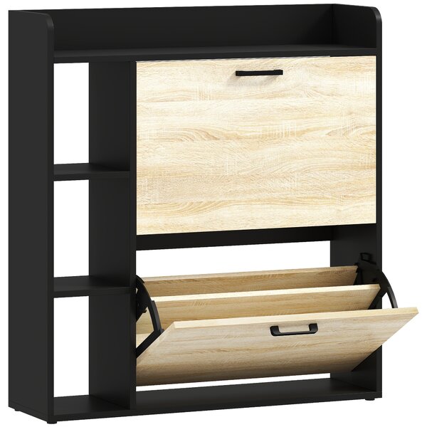 HOMCOM Scarpiera Slim con 2 Cassetti Ribaltabili e 3 Vani Aperti, Capacità 15 Scarpe, 83x24x90.5 cm, Nero | Aosom Italy