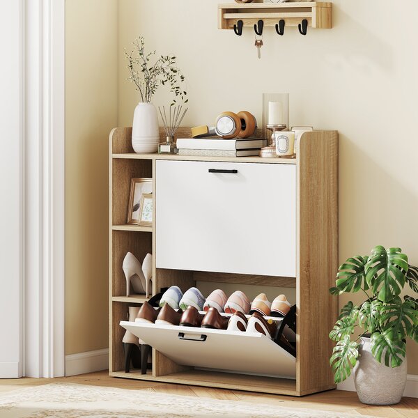 HOMCOM Scarpiera Slim con 2 Cassetti Ribaltabili e 3 Vani Aperti, Capacità 15 Scarpe, 83x24x90.5 cm, Color Legno e Bianco | Aosom Italy