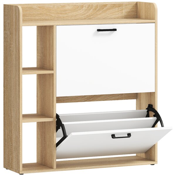 HOMCOM Scarpiera Slim con 2 Cassetti Ribaltabili e 3 Vani Aperti, Capacità 15 Scarpe, 83x24x90.5 cm, Color Legno e Bianco | Aosom Italy