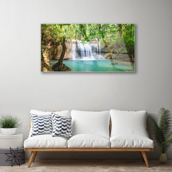 Quadro su vetro Cascata Lago Foresta Natura 100x50 cm 2 appendini