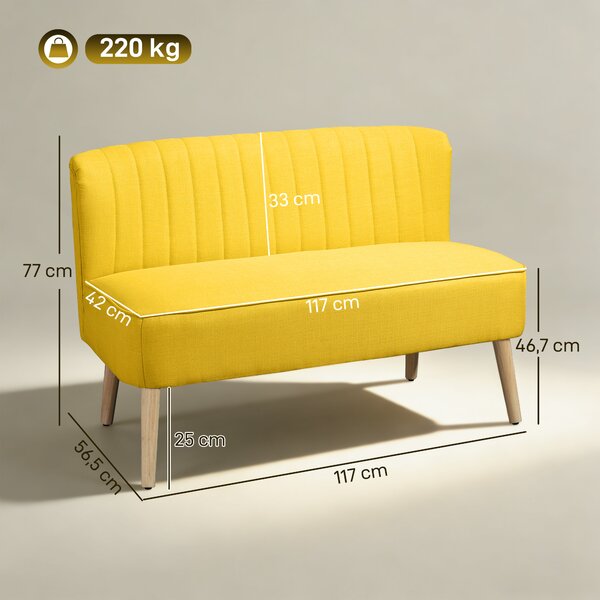 HOMCOM Divano 2 Posti in Tessuto Effetto Lino Senza Braccioli con Gambe in Legno, 117x56.5x77 cm, Giallo | Aosom Italy