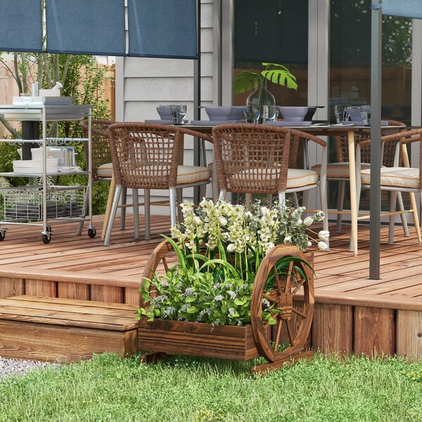 Outsunny Fioriera da Esterno a 3 Livelli con Ruote Decorative in Legno di Abete Carbonizzato, 62x61x57 cm | Aosom Italy