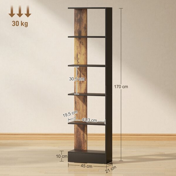 HOMCOM Libreria Moderna Salvaspazio a 5 Ripiani in Legno 45x21x170 cm, Marrone e Nero | Aosom Italy