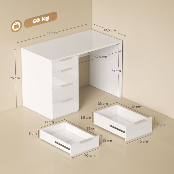 HOMCOM Scrivania con 4 Cassetti per Camera e Ufficio, 110x61.5x75 cm, Bianco Lucido | Aosom Italy