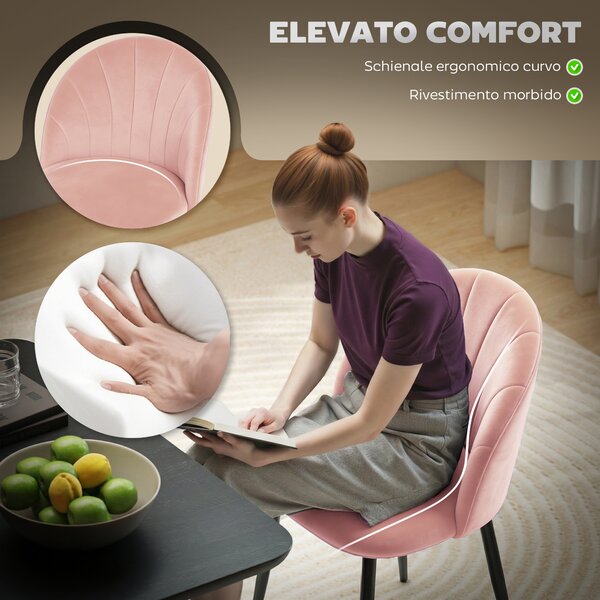 HOMCOM Set 2 Sedie da Pranzo Imbottite con Schienale a Conchiglia in Velluto, 52x55x79 cm, Rosa | Aosom Italy