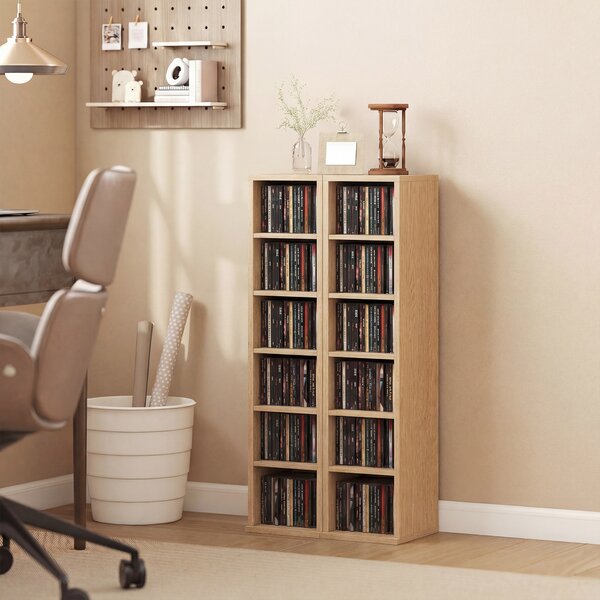 HOMCOM Set 2 Mobili Porta CD a 6 Ripiani Regolabili per 204 CD in Legno, 21x22.5x88.5 cm, Color Legno | Aosom Italy