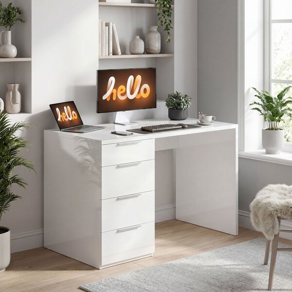 HOMCOM Scrivania con 4 Cassetti per Camera e Ufficio, 110x61.5x75 cm, Bianco Lucido | Aosom Italy