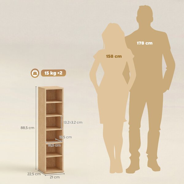 HOMCOM Set 2 Mobili Porta CD a 6 Ripiani Regolabili per 204 CD in Legno, 21x22.5x88.5 cm, Color Legno | Aosom Italy