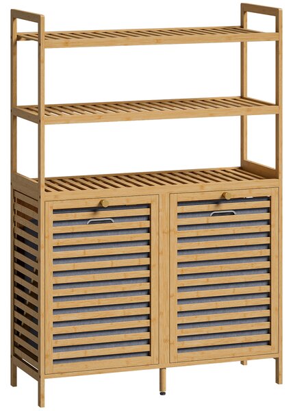 HOMCOM Mobile Porta Biancheria Doppio Inclinabile, Bambù, 2 Cesti, 3 Ripiani, Colore Rovere | Aosom Italy