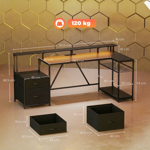 HOMCOM Scrivania Gaming Angolare con Hub di Ricarica, Luci LED e Supporto Monitor, in Legno e Acciaio, 192.5x80x86.5 cm, Nero | Aosom Italy