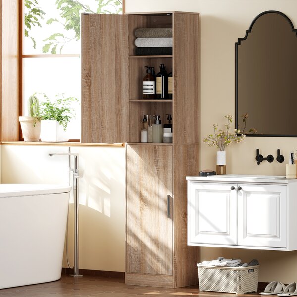 HOMCOM Mobile Colonna Bagno a 2 Armadietti con 6 Ripiani Regolabili, in Legno, 40x35x180 cm, Color Legno | Aosom Italy