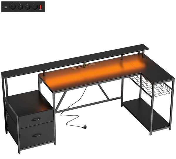 HOMCOM Scrivania Gaming Angolare con Hub di Ricarica, Luci LED e Supporto Monitor, in Legno e Acciaio, 192.5x80x86.5 cm, Nero | Aosom Italy