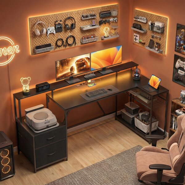 HOMCOM Scrivania Gaming Angolare con Hub di Ricarica, Luci LED e Supporto Monitor, in Legno e Acciaio, 192.5x80x86.5 cm, Nero | Aosom Italy