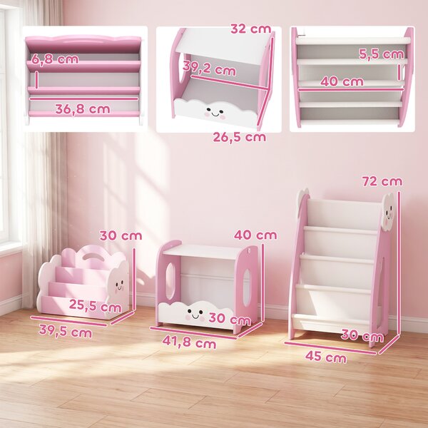 AIYAPLAY Libreria Bambini 3-in-1 con 4 Scomparti e 3 Ripiani, Comodino per Cameretta, Rosa | Aosom Italy
