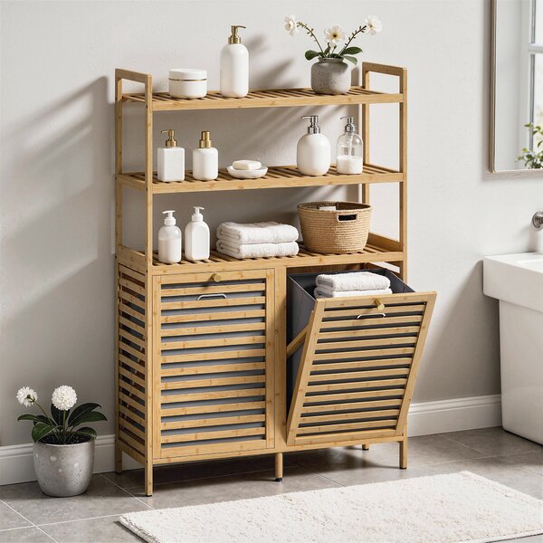 HOMCOM Mobile Porta Biancheria Doppio Inclinabile, Bambù, 2 Cesti, 3 Ripiani, Colore Rovere | Aosom Italy