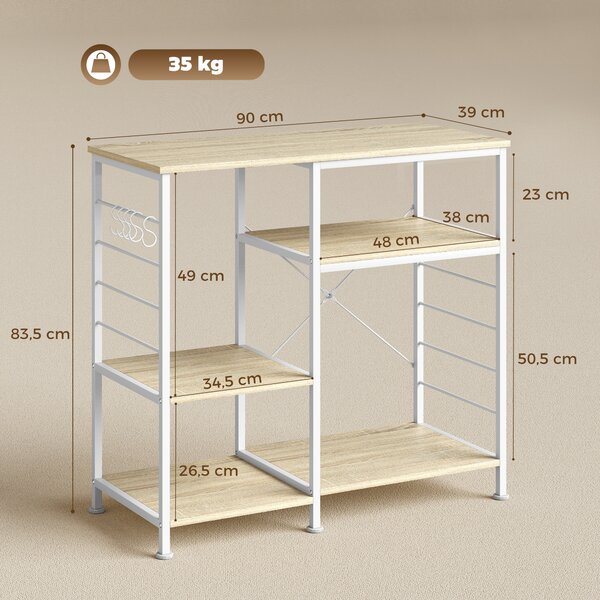 HOMCOM Scaffale Cucina con Ripiani in Legno e Metallo con 5 Ganci, Salvaspazio, 90x39x83.5 cm, Rovere | Aosom Italy
