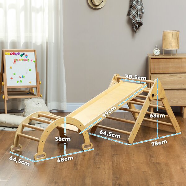 AIYAPLAY Gioco Arrampicata Bambini con Triangolo e Arco Montessori e Rampa con Pietre, 178x64.5x63 cm, Color Legno | Aosom Italy