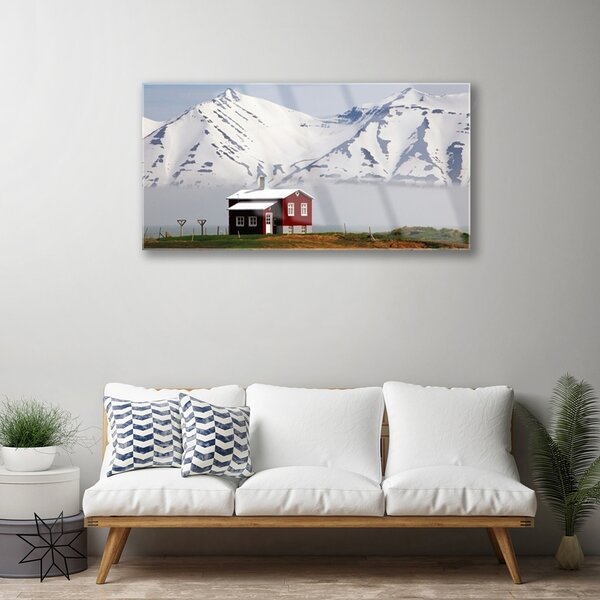 Quadro in vetro Casa di montagna Paesaggio Neve 100x50 cm 2 appendini