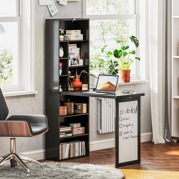 HOMCOM Scrivania Moderna Pieghevole con Libreria e Lavagna, in Legno e Metallo, 98x51x153 cm, Nero | Aosom Italy