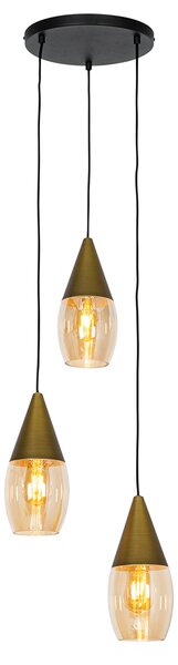 Lampada a sospensione moderna oro con vetro ambra a 3 luci - Drop