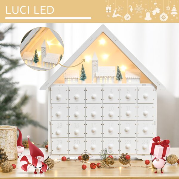 HOMCOM Calendario dell'Avvento di Natale in Legno con 24 Cassetti da Riempire, Decorazione con Villaggio, Alberi e Luci, 39x9x42cm | Aosom Italy