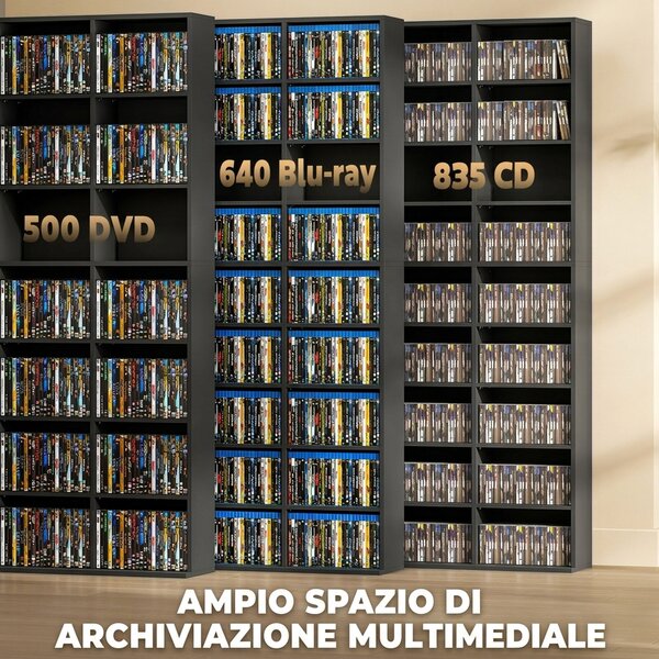 HOMCOM Mobile Porta CD a 9 Ripiani con 21 Ripiani, Scaffale Porta 835 CD/500 DVD/640 Blu-ray Salvaspazio, 100x24x175 cm, Nero | Aosom Italy