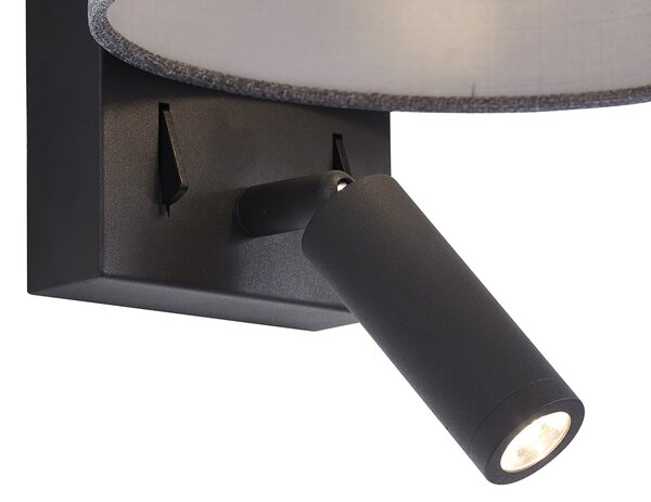 Applique da parete moderna nera con rotondo grigio e lampada da lettura - Puglia