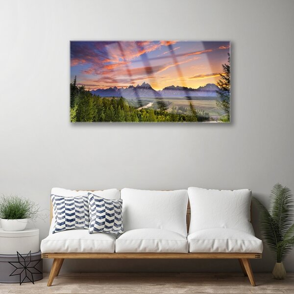 Quadro su vetro Montagna Foresta Sole Natura 100x50 cm 2 appendini