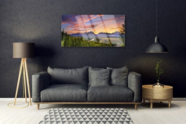 Quadro su vetro Montagna Foresta Sole Natura 100x50 cm 2 appendini