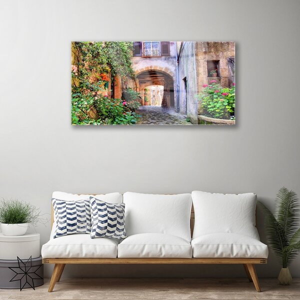 Quadro su vetro Vicolo Fiori Case Pianta 100x50 cm 2 appendini