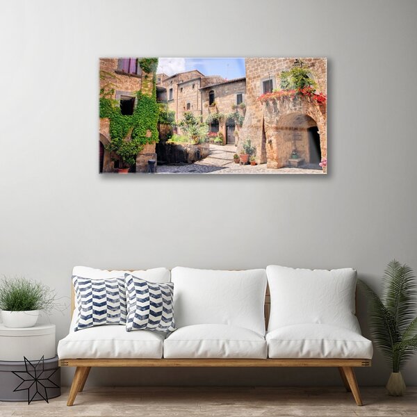 Quadro su vetro Vicolo Fiori Case Pianta 100x50 cm 2 appendini