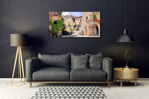 Quadro su vetro Vicolo Fiori Case Pianta 100x50 cm 2 appendini
