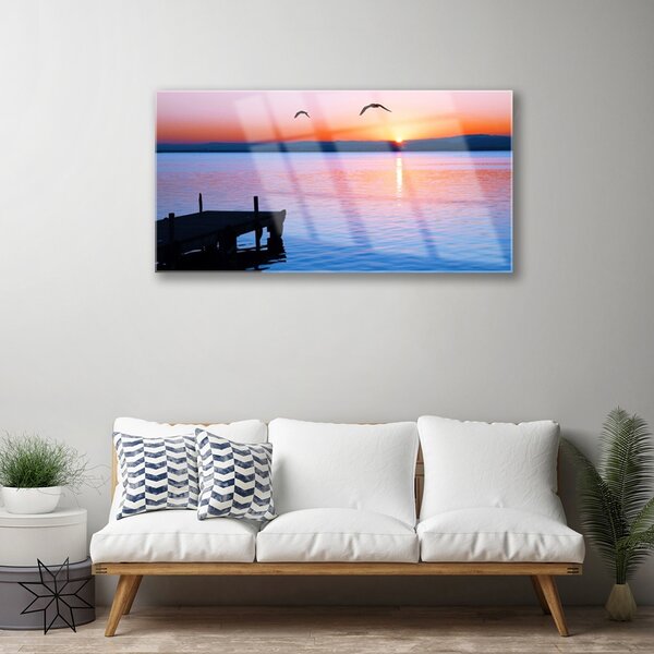 Quadro vetro Mare Molo Sole Paesaggio 100x50 cm 2 appendini